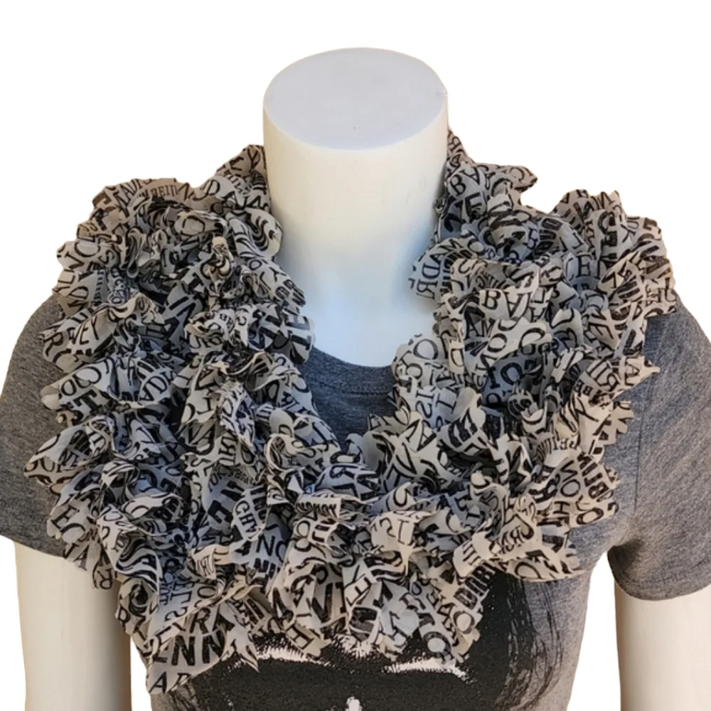 Vintage Handmade Chiffon Pom Pom Scarf Two Scarves Shreds Polka Dots US Cities
